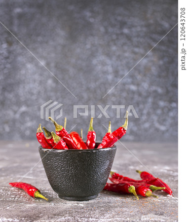 bowl with chilli pepper on gray background 120643708