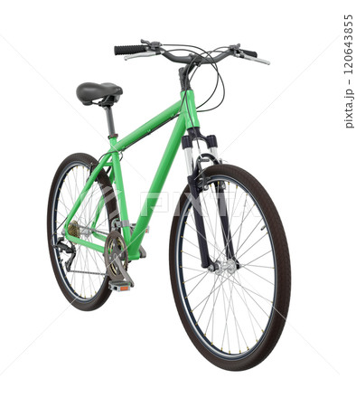 Green bicycle, front side view isolated on white background, 3D illustration Green bicycle, front side view isolated on white background, 3D illustration 120643855