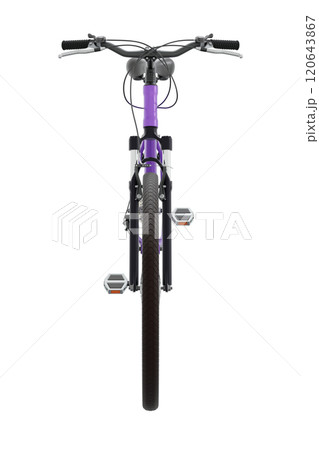 Purple bicycle, front view isolated on white background, 3D illustration Purple bicycle, front view isolated on white background, 3D illustration 120643867