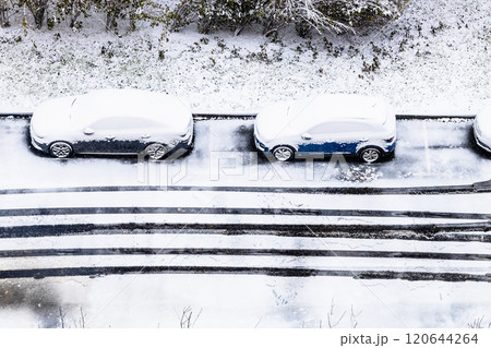 aerial view of snow covered car parking area aerial view of snow covered car parking area 120644264