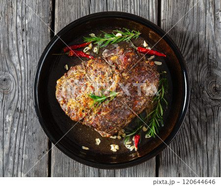 Juicy Roast Pork Neck on table, top view 120644646