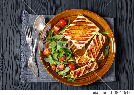 Grilled Greek Halloumi Cheese on sticks, top view 120644648