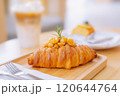 Croissant Bakery homemade on the table breakfast tray with gold and crispy 120644764