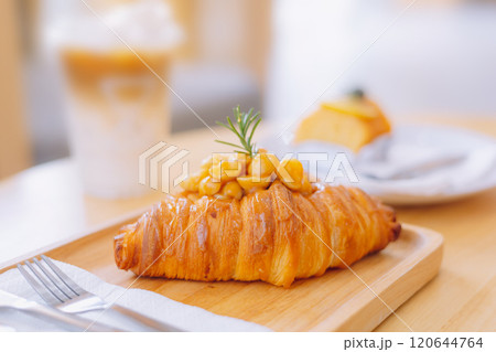 Croissant Bakery homemade on the table breakfast tray with gold and crispy 120644764