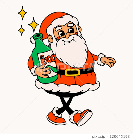 Happy Santa Claus with bottle. Groovy vintage funny Santa character. Happy Santa Claus with bottle. Groovy vintage funny Santa character. 120645198
