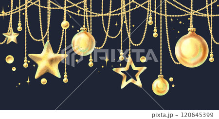 Golden Christmas balls and stars hanging on beads with twinkling stars. Christmas, New Year, winter watercolor illustration hand drawn. Seamless border pattern on dark blue background. Golden Christmas balls and stars hanging on beads with twinkling stars. Christmas, New Year, winter watercolor illustration hand drawn. Seamless border pattern on dark blue background. 120645399