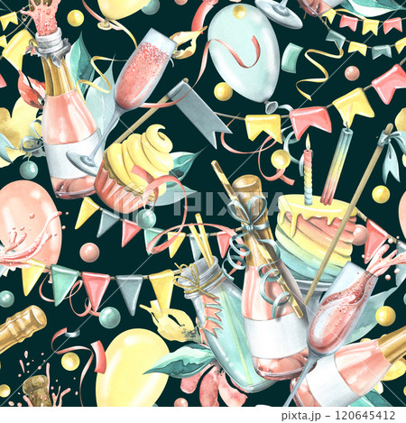Bright, cheerful, festive, seamless pattern with champagne, cake, gifts, balloons and confetti, flags. Watercolor illustration from the HAPPY BIRTHDAY collection. On a white background. 120645412