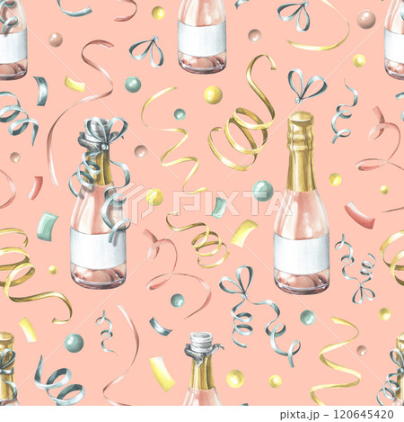 Bottles of pink champagne with confetti and ribbons. Watercolor illustration, hand drawn. Seamless pattern on a pink background. For congratulations, wrapping paper, holidays Bottles of pink champagne with confetti and ribbons. Watercolor illustration, hand drawn. Seamless pattern on a pink background. For congratulations, wrapping paper, holidays 120645420
