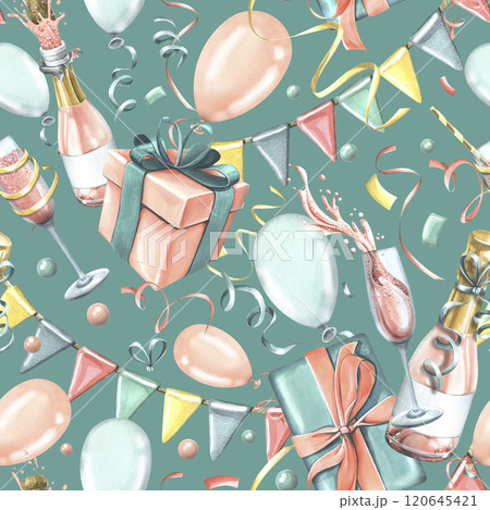 Festive balloons, gifts, champagne in glasses and bottles, confetti and flag garlands. Watercolor illustration. Seamless pattern from the collection of HAPPY BIRTHDAY. For design of congratulations Festive balloons, gifts, champagne in glasses and bottles, confetti and flag garlands. Watercolor illustration. Seamless pattern from the collection of HAPPY BIRTHDAY. For design of congratulations 120645421