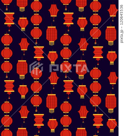 Happy Chinese new year seamless pattern background vector. Chinese hanging red graphic lantern, gold texture. Modern luxury oriental illustration for cover, banner, website, decor. Happy Chinese new year seamless pattern background vector. Chinese hanging red graphic lantern, gold texture. Modern luxury oriental illustration for cover, banner, website, decor. 120645536