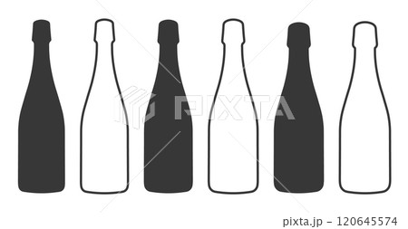 Champagne bottle silhouette set. Glass wine bottle icon shape symbol. Alcohol package logo sign.  Vector illustration image. Isolated on white background.	 120645574
