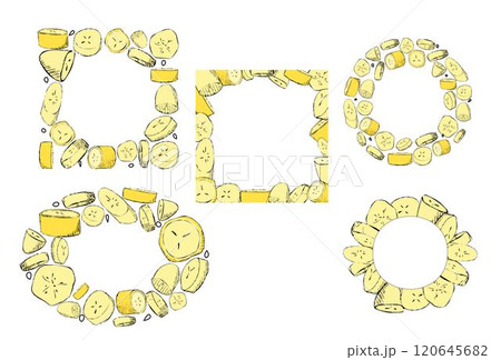Fruit frame set. Banana slices different vector frames. Vector background. Cartoon graphic stile 120645682