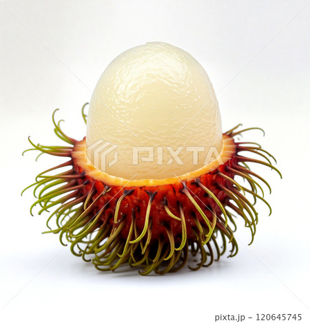 Peeled rambutan fruit showing the white juicy pulp on a white background 120645745