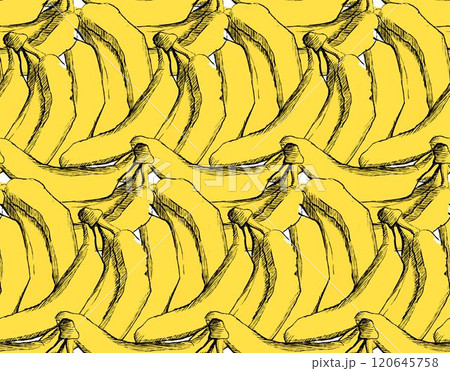 Banana tropical vector seamless pattern. The lively yellow backdrop in graphic dence pattern and intricately drawn bananas create a sense of delightful bliss 120645758
