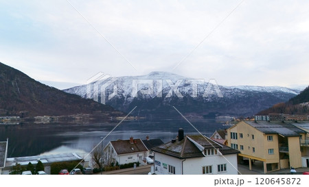 Picturesque Sogndal, Norway in Winter with Snowy Landscapes and Peaceful Fjord  120645872