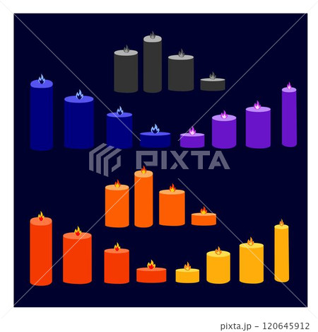 Set of cartoon burning colorful candles on a black background. candles with melting wax, flame. Vector illustration. EPS10. Set of cartoon burning colorful candles on a black background. candles with melting wax, flame. Vector illustration. EPS10. 120645912