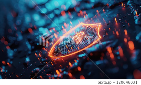 Fingerprint scan with a glowing shield icon symbolizing advanced digital security measures. Digital ethics. Copyspace Fingerprint scan with a glowing shield icon symbolizing advanced digital security measures. Digital ethics. Copyspace 120646031