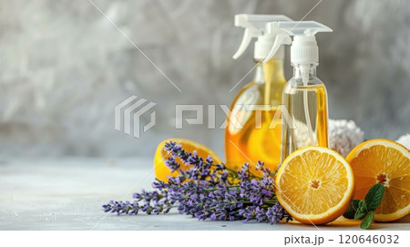 Refreshing lavender and citrus cleaning products, enhancing home cleanliness with pleasant aromas. Cleaning company. Copyspace 120646032