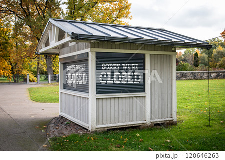 Sorry, we're closed. Souvenir selling kiosk on the street 120646263