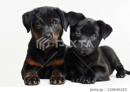 Two adorable Rottweiler puppies cuddle closely, showcasing their shiny black fur with distinct brown markings. They appear calm and curious, enjoying a moment of rest on a light surface. Two adorable Rottweiler puppies cuddle closely, showcasing their shiny black fur with distinct brown markings. They appear calm and curious, enjoying a moment of rest on a light surface. 120646283