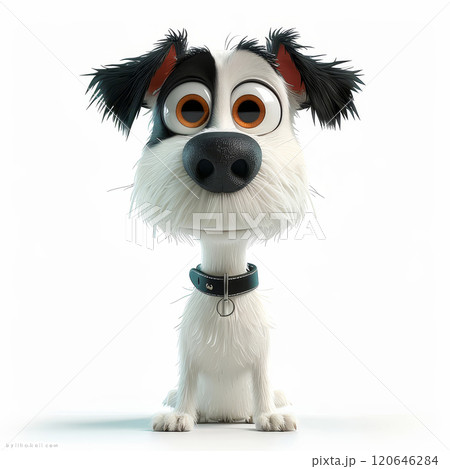 A cartoon dog with distinct black and white fur sits happily, featuring large expressive eyes and a playful demeanor. Its floppy ears and fluffy tail add to the cheerful appearance. A cartoon dog with distinct black and white fur sits happily, featuring large expressive eyes and a playful demeanor. Its floppy ears and fluffy tail add to the cheerful appearance. 120646284