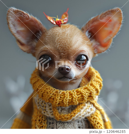 This adorable Chihuahua models a cozy knitted sweater, showcasing big expressive eyes. Atop its head, a delicate butterfly adds a charming touch to its fashionable appearance. This adorable Chihuahua models a cozy knitted sweater, showcasing big expressive eyes. Atop its head, a delicate butterfly adds a charming touch to its fashionable appearance. 120646285