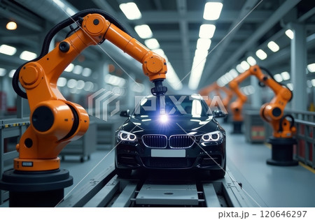 In a high-tech manufacturing facility, robotic arms are meticulously assembling a sleek black car. The environment is bright and filled with advanced machinery and equipment, showcasing innovation. 120646297