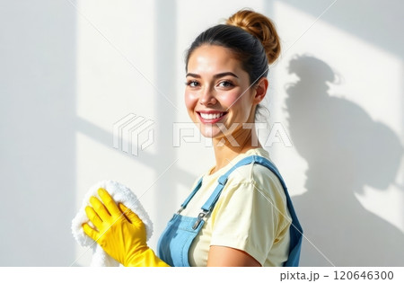 A young woman stands in a well-lit room, wearing yellow gloves and a casual outfit. She smiles as she holds a cleaning cloth, ready to tackle household chores with enthusiasm. Copy space A young woman stands in a well-lit room, wearing yellow gloves and a casual outfit. She smiles as she holds a cleaning cloth, ready to tackle household chores with enthusiasm. Copy space 120646300