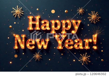 Colorful sparks and shimmering decorations display the phrase Happy New Year against a dark background, creating a festive atmosphere. The scene captures the excitement of welcoming a new year. Colorful sparks and shimmering decorations display the phrase Happy New Year against a dark background, creating a festive atmosphere. The scene captures the excitement of welcoming a new year. 120646302