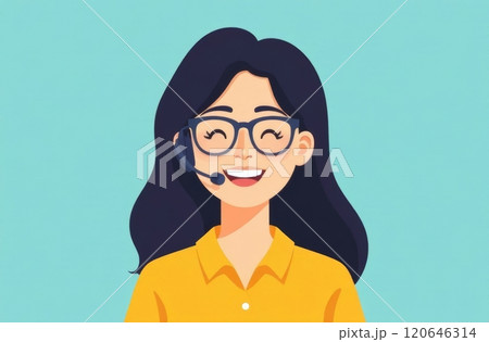 A cheerful young woman wearing glasses and a headset smiles warmly while dressed in a bright yellow shirt. The background features a soft light blue color, creating a friendly atmosphere. 120646314