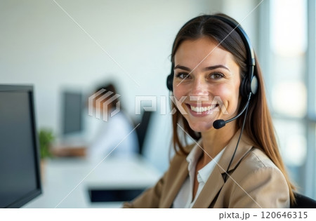 A woman in a professional outfit smiles while wearing a headset at her workstation in a bright, modern office. Copy space A woman in a professional outfit smiles while wearing a headset at her workstation in a bright, modern office. Copy space 120646315