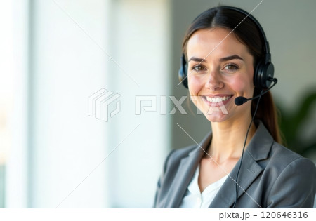 Bright and welcoming office setting where a woman with long hair wears a headset and smiles confidently at her computer, engaging in customer service during daytime hours. Copy space 120646316