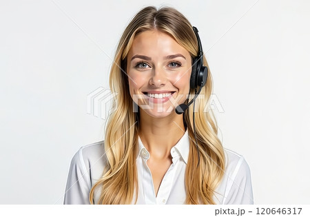 A cheerful young woman is wearing a headset while seated in a well-lit environment. She looks directly at the camera and smiles, suggesting a friendly and approachable demeanor. 120646317