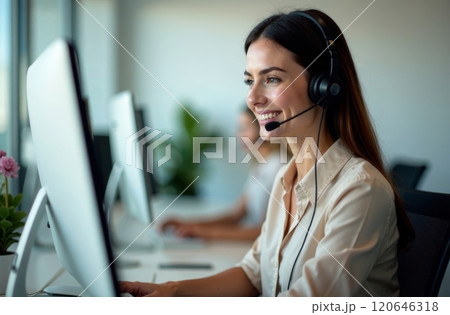 A young woman with a headset smiles while engaging with customers in a modern office environment. Her coworkers are also focused on providing assistance, showcasing teamwork and professionalism. 120646318