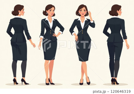 A woman dressed in professional business attire poses in four different stances. She showcases a tailored suit with a skirt and pants, highlighting versatility and confidence in a work setting. A woman dressed in professional business attire poses in four different stances. She showcases a tailored suit with a skirt and pants, highlighting versatility and confidence in a work setting. 120646319
