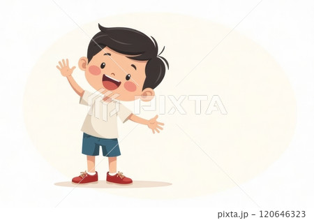 A joyful young boy with dark hair is waving enthusiastically. He wears a simple white t-shirt and blue shorts, standing against a soft, neutral background, radiating happiness and innocence.Copy space A joyful young boy with dark hair is waving enthusiastically. He wears a simple white t-shirt and blue shorts, standing against a soft, neutral background, radiating happiness and innocence.Copy space 120646323