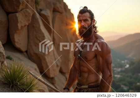 A muscular man stands confidently on a rocky slope with a spear in hand. The warm sunset highlights his chiseled features and surroundings, creating a striking contrast with the natural landscape. 120646329