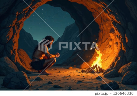 A prehistoric man squats near a warm campfire in a rocky cave, surrounded by mountains. The night sky above is filled with bright stars, creating a peaceful and serene atmosphere. A prehistoric man squats near a warm campfire in a rocky cave, surrounded by mountains. The night sky above is filled with bright stars, creating a peaceful and serene atmosphere. 120646330