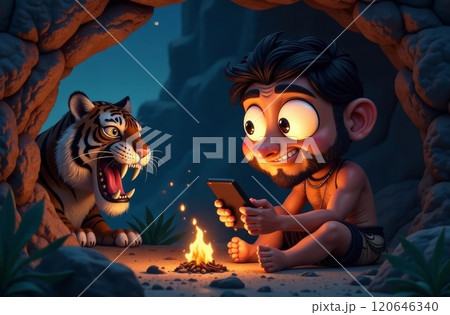 In a dimly lit cave, a boy grins while using his smartphone, sitting by a small fire. A tiger watches curiously nearby, creating a unique blend of modern technology and wild nature. 120646340