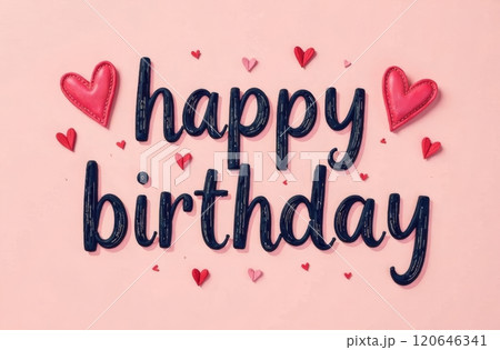 Bright and cheerful birthday greeting featuring the words happy birthday in bold letters surrounded by vibrant hearts and colorful accents, perfect for conveying warm wishes on a special day. Bright and cheerful birthday greeting featuring the words happy birthday in bold letters surrounded by vibrant hearts and colorful accents, perfect for conveying warm wishes on a special day. 120646341