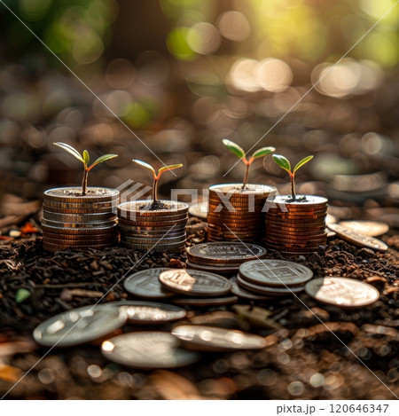 Small green seedlings emerge from stacks of coins, symbolizing growth and prosperity. The warm sunlight creates a serene atmosphere in this natural setting, inspiring hope for the future. 120646347
