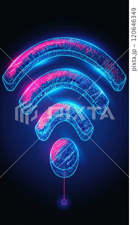 A modern representation of a wireless connectivity symbol shines in vibrant neon colors. The design features a dynamic blend of blue and pink hues, emphasizing technology and connectivity. 120646349