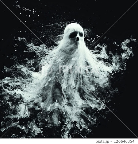A ghostly figure emerges from swirling mist, creating a haunting yet captivating visual. The eerie presence is accentuated by the dark background, suggesting an otherworldly atmosphere. 120646354