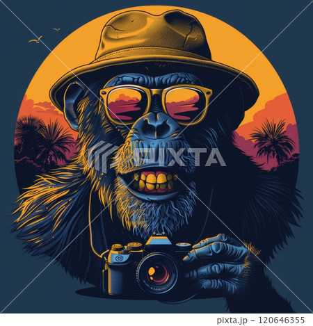 A chimpanzee wearing sunglasses and a hat joyfully holds a camera, ready to capture the vibrant sunset. Tropical trees and mountains create a stunning backdrop filled with warm colors. 120646355