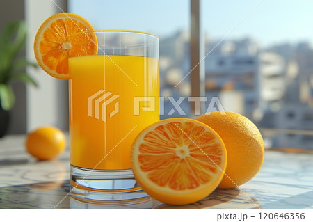 A clear glass filled with vibrant orange juice sits on a table, with two whole oranges beside it. The bright sunlight highlights the drink, creating a refreshing morning ambiance. 120646356
