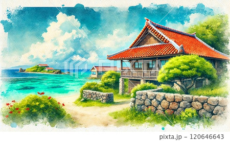 沖縄の竹富島 イメージ水彩画風イラストのイラスト素材 [120646643] - PIXTA