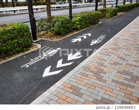 自転車が通行できる歩道に設置された「自転車ナビマーク」 120646663