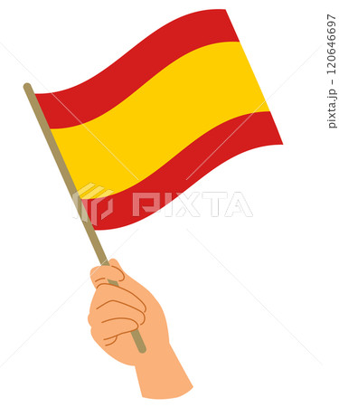 Hand Waving Spanish Flag In Support For Spanish People Vector Illustration 120646697