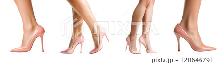 Elegant pink high heels showcased from different angles, highlighting their stylish design and sleek silhouette. Perfect for fashion enthusiasts 120646791