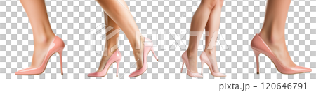Elegant pink high heels showcased from different angles, highlighting their stylish design and sleek silhouette. Perfect for fashion enthusiasts 120646791